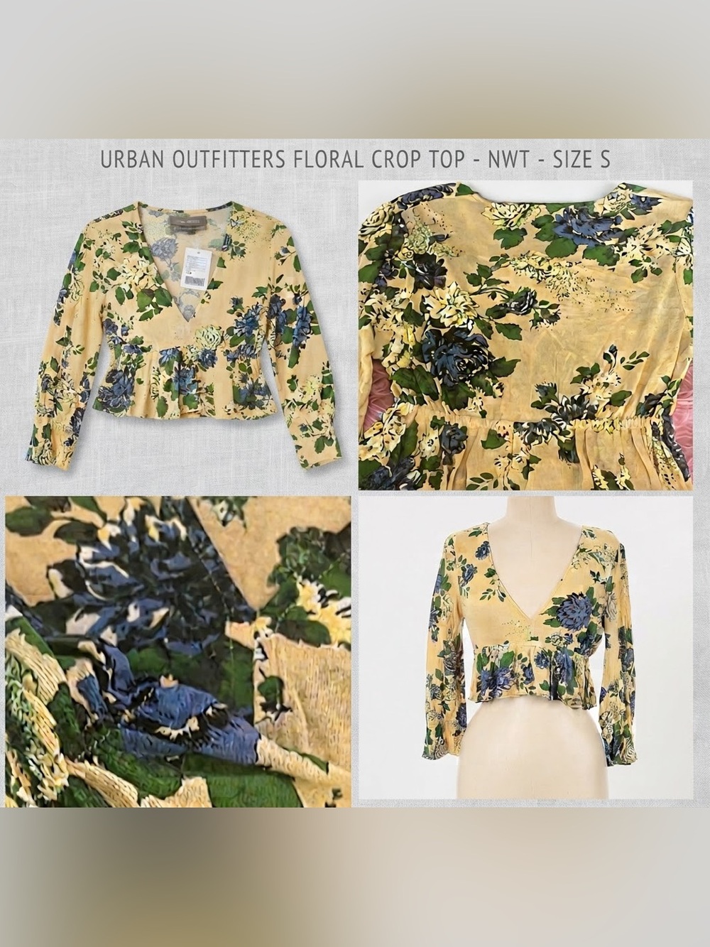 NWT Urban Outfitters Floral Peplum Crop Top Small Yellow Blue Green V-Neck Long